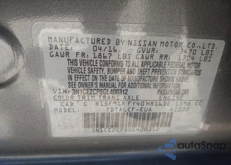 2016 Nissan Versa Note S (Sr) z USA, uszkodzony, nr VIN 3N1CE2CP8GL400312